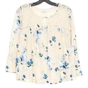 Lucky Brand Top Boho Feminine Cottage Floral Lace Peasant Linen Cream Blue XS
